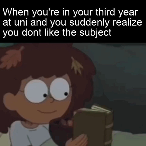 This meme is split into two parts: a top black banner with white text, and an animated screenshot below. The top text reads "When you're in your third year at uni and you suddenly realize you dont like the subject". The lower section features the character Anne Boonchuy from the Disney animated series *Amphibia*, holding a book and wearing a wide, blank, subtly strained smile with unfocused eyes, conveying the feeling of quiet, horrified dissociation upon having this unwelcome realization. The humor comes from the widespread relatable experience of university students who invest multiple years into a field of study before recognizing they no longer have interest in it, with the character's expression perfectly capturing the unspoken panic of that moment.