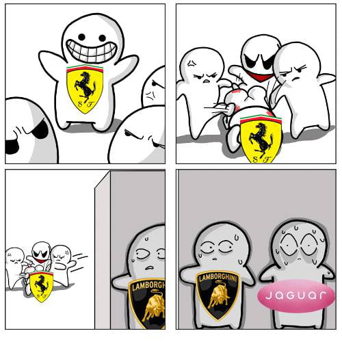This is a 4-panel comic meme. Panel 1: A grinning cartoon character with the Ferrari logo on its chest stands proudly, while other unnamed cartoon characters representing competing car brands glare at it angrily from the sidelines. Panel 2: The group of angry characters has beaten the Ferrari character badly, leaving it injured on the ground. Panel 3: The group carries the beaten Ferrari character toward a corner where a character with the Lamborghini logo is hiding, looking nervous and sweating. Panel 4: The Lamborghini character and a character with the Jaguar logo, both hiding around the corner, look terrified and are sweating heavily as they see the group approaching, implying they will be the next targets of the rival car brands. The joke relies on the well-known rivalry between popular luxury sports car manufacturers.