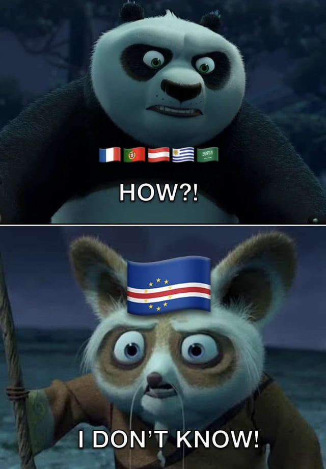 This is a two-panel meme using scenes from the animated movie *Kung Fu Panda*. The top panel shows Po the panda with a frustrated, confused expression, with flags of France, Portugal, Austria, Uruguay, and Saudi Arabia (all prominent football nations that had recent surprise upset results) placed above him, followed by the text 'HOW?!' expressing disbelief that elite national team Spain drew 0-0 with lower-ranked Cape Verde. The bottom panel shows Master Shifu with the Cape Verde flag on his head, looking equally shocked and bewildered, with text below reading 'I DON'T KNOW!', humorously suggesting that even the Cape Verde team cannot explain how they managed to hold Spain to a goalless draw.
