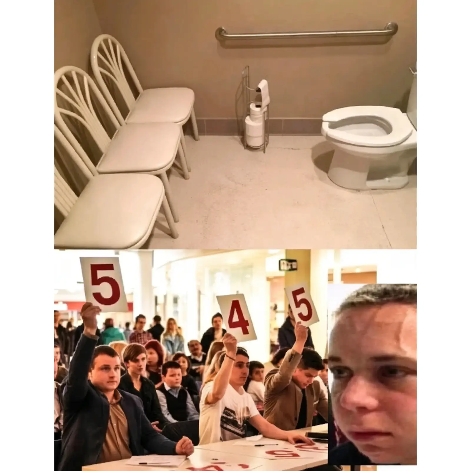 This is a two-panel reaction meme. The top panel shows an absurdly bad public toilet installation: the toilet is placed in an open area right next to three empty waiting chairs, with no stall, door, or privacy at all. The bottom panel shows three competition judges sitting at a table, each holding up a numbered score card: from left to right, the scores are 5, 4, and 5. A close-up crop of a confused man's face is added to the right side of the bottom panel, reacting to the situation. The humor comes from the contrast between the clearly terrible, nonsensical toilet placement and the unexpectedly high scores given by the judges, creating absurd, awkward comedy.