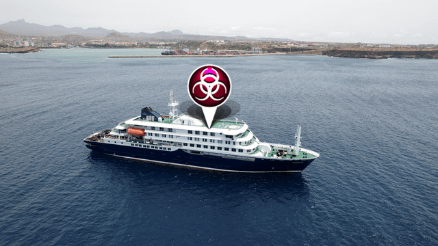 This is an edited aerial photograph of a large multi-deck cruise ship sailing in blue coastal waters, with a dry coastal landmass visible in the distant background. A custom map marker pin is digitally overlaid on the top deck of the ship, displaying a biohazard symbol modified with pink markings resembling monkeypox lesions. The meme is titled 'Not again...', referencing the widely publicized large-scale COVID-19 outbreaks that occurred on multiple cruise ships at the start of the global coronavirus pandemic, humorously implying that another serious infectious disease outbreak is taking place on this vessel.