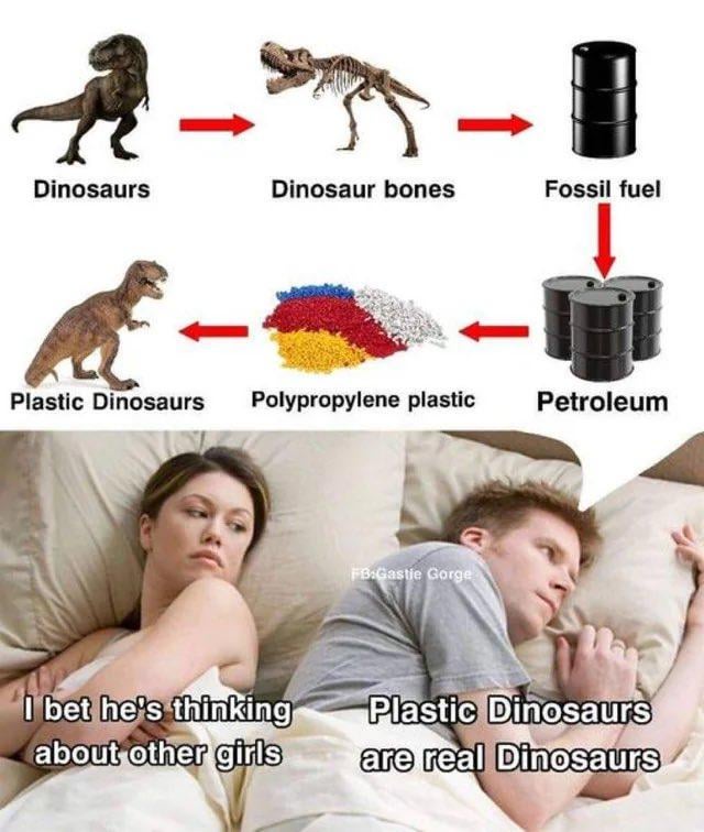 The meme features two distinct sections. The top section is a humorous flow chart depicting a fictional cycle: Dinosaurs evolve into Dinosaur bones, which become Fossil fuel, then Petroleum, leading to Polypropylene plastic (shown as colorful pellets), and finally Plastic Dinosaurs, completing the loop. The bottom section shows a couple lying in bed; the woman, appearing concerned, has a thought bubble: 'I bet he's thinking about other girls,' while the man, asleep, is implied to be thinking: 'Plastic Dinosaurs are real Dinosaurs.' This contrast highlights a common relationship trope where one partner misinterprets the other's trivial thoughts as something significant.