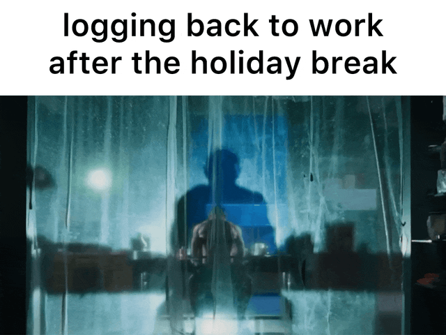 A 4-frame GIF meme where each frame displays the text 'logging back to work after the holiday break' at the top. The visual content shows a shirtless man with visible tattoos in a cluttered workspace, handling and examining cards. His expression transitions from focused to increasingly confused and frustrated, humorously depicting the struggle of reorienting to work responsibilities after a holiday break.
