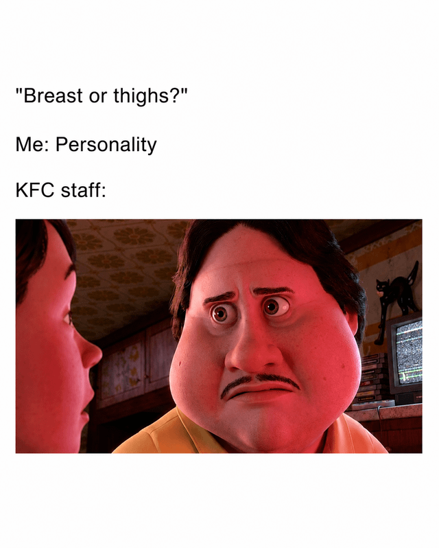This is a humorous pun meme playing on the double meaning of the phrase 'breast or thighs'. The setup describes a KFC employee asking a customer whether they want chicken breast or chicken thighs for their order, but the customer misinterprets the question as asking which physical feature they prefer on a romantic partner, so they answer 'Personality'. The punchline is represented by a wide-eyed, red-faced, shocked and confused animated character from Pixar's *Turning Red*, illustrating how baffled the KFC staff is by this irrelevant, out-of-context response.