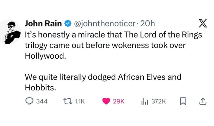 A screenshot of a tweet from user John Rain (@johnnoticer) expressing the opinion that "It's honestly a miracle that The Lord of the Rings trilogy came out before wokeness took over Hollywood." The tweet continues with the controversial statement: "We quite literally dodged African Elves and Hobbits." The tweet shows engagement metrics including 344 comments, 1.1K retweets, 29K likes, and 372K views. The user's profile picture appears as a small avatar in the top left corner of the tweet screenshot.