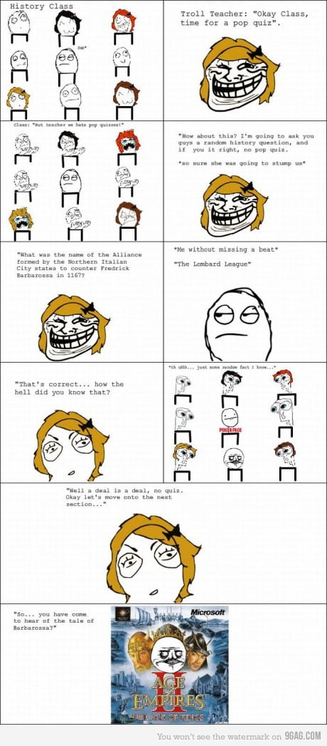 A multi-panel rage comic depicting a history class scenario where a 'Troll Teacher' attempts to stump students with an obscure question about the Lombard League and Frederick Barbarossa (1167). The student unexpectedly answers correctly, revealing they learned the information from the video game Age of Empires II. The comic uses typical rage comic facial expressions and follows a setup-punchline structure common to early 2010s internet memes.