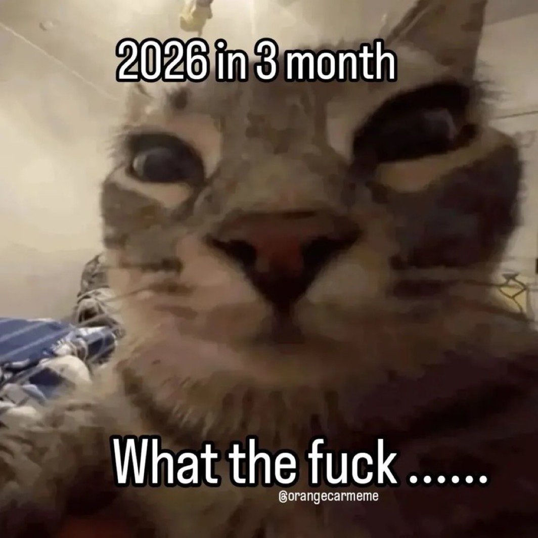 This is a single-panel reaction meme featuring an extreme close-up shot of a wide-eyed tabby cat with an exaggerated stunned, disbelieving expression. Text overlaid at the top of the image reads '2026 in 3 month', and text at the bottom reads 'What the fuck ......'. The joke taps into the common relatable feeling that time is passing unexpectedly quickly, expressing shock at how soon the year 2026 is arriving. A blurred indoor domestic setting with patterned bedding is visible in the background to the left of the cat, and a creator watermark is placed below the bottom text.