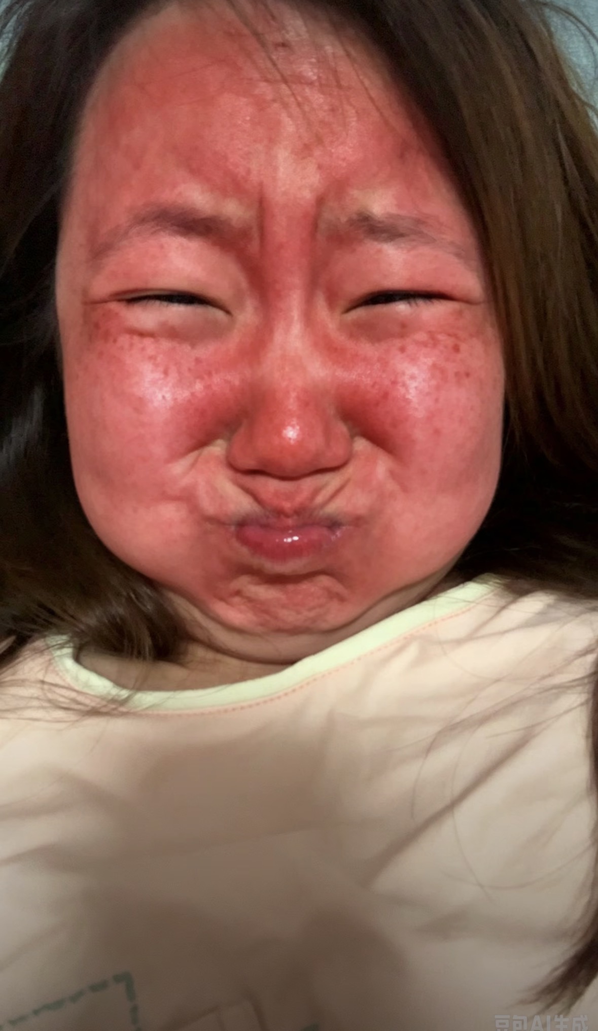 This is a close-up shot of a real woman displaying an extremely strained, uncomfortable expression as the final result of the viral 'engine blow (baogang) smiley face' trend. Her entire face is bright red and flushed, her eyes are squinted nearly shut, and her lips are pursed tightly as if she is holding her breath, matching the third step of the associated tutorial that states the final effect is feeling uncomfortable. She is wearing a light pale beige top and appears to be reclining when the photo was taken.
