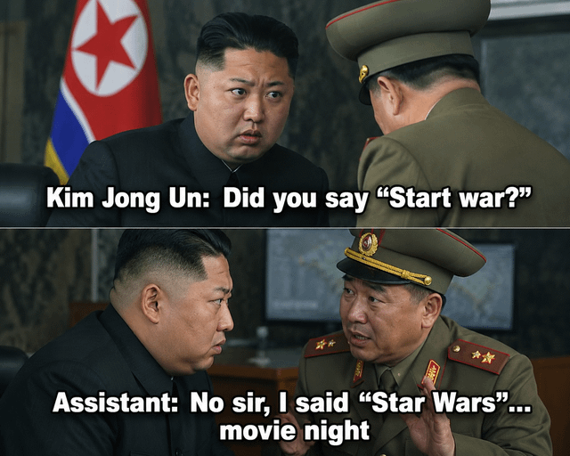 This is a two-panel photo meme using real footage of North Korean leader Kim Jong Un speaking to a military officer. The top panel shows Kim looking shocked, with text indicating he thinks the officer said he wanted to start a war. The bottom panel shows the nervous officer correcting Kim, explaining he actually suggested a Star Wars movie night. The joke relies on the strong phonetic similarity between the phrases "Start war" and "Star Wars", playing on common tropes of military tension associated with North Korea for humorous, absurd effect.