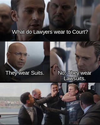 This is a 3-panel corny dad joke meme that uses the famous confrontation and fight template from the 2016 Marvel film *Captain America: Civil War*. The top panel poses a question: 'What do Lawyers wear to Court?'. The middle panel gives two responses: first a straightforward answer 'They wear Suits.', which is corrected to the pun punchline 'No, They wear Lawsuits.'. The bottom panel shows an all-out fight breaking out between the two groups of characters, which is the standard use of this template to show negative reaction to a bad joke. The humor comes from the pun: 'suit' refers to the formal clothing lawyers wear, while a 'lawsuit' is a legal proceeding, creating a corny dad joke wordplay.