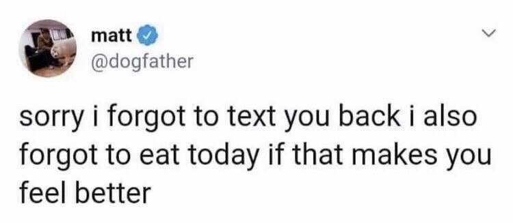 This is a screenshot of a public verified X (formerly Twitter) post from user @dogfather with display name matt. The post text reads: "sorry i forgot to text you back i also forgot to eat today if that makes you feel better". The meme uses self-deprecating, relatable humor to joke about being so scattered, preoccupied, or disorganized that the poster forgot basic self-care of eating alongside forgetting to reply to a message, intended to soften the frustration of being left on read by highlighting how unplanned their day was.
