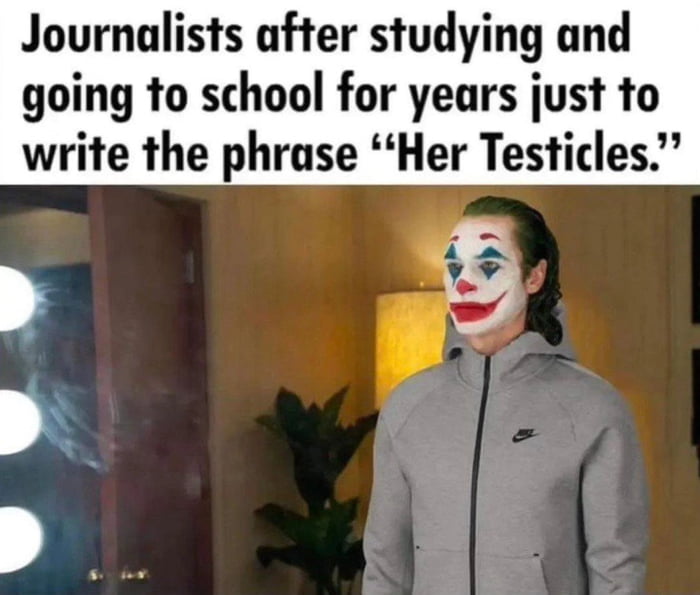The meme consists of a top text overlay that reads, "Journalists after studying and going to school for years just to write the phrase 'Her Testicles.'" Below the text is a screenshot of a character with Joker makeup (white face paint, red lips, blue eye makeup) wearing a gray Nike zip-up hoodie. The character is standing in an indoor setting with a wooden door, a yellow lamp, and green plants in the background. The humor derives from the contrast between the extensive education journalists undergo and the trivial or absurd phrase they supposedly end up writing, emphasized by the Joker's amused yet resigned expression.