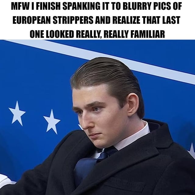 This is a crude dark humor reaction meme featuring a photograph of Barron Trump, son of former US President Donald Trump, sitting in front of the European Union flag. The top text sets up the joke: the narrator just finished masturbating (called 'spanking it' in internet slang) to blurry photos of European strippers, and just realized that the last photo looked extremely familiar. The implied punchline is that the stripper in the photo is Barron Trump himself, which explains the European setting matching the EU flag behind him, and Barron's pensive, concerned expression matches the awkward, horrifying realization the narrator is having.