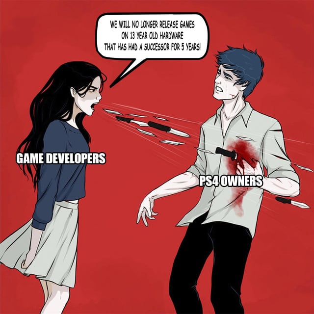 This is a single-panel illustrated meme set against a solid red background. It features two stylized drawn characters: the left character is labeled 'GAME DEVELOPERS', an angry woman who is shouting, and metaphorically spitting sharp knives from her mouth at the right character. The right character is labeled 'PS4 OWNERS', a man who is visibly injured, bleeding from multiple knife wounds to his chest, clutching one of the embedded knives with a pained, upset expression. The speech bubble from the game developer character reads 'WE WILL NO LONGER RELEASE GAMES ON 13 YEAR OLD HARDWARE THAT HAS HAD A SUCCESSOR FOR 5 YEARS!'. The joke uses a violent metaphor to represent how PlayStation 4 owners feel personally attacked and harmed by video game developers choosing to phase out support for the aging PS4 console, after its successor the PS5 has been available for 5 years and the PS4 hardware is 13 years old.