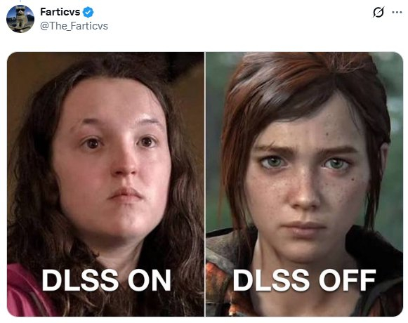 This is a screenshot of a verified X (Twitter) post that creates a humorous twist on the viral 'DLSS 5 On' meme format. It is a split side-by-side comparison: the left panel shows a real-life Ellie from The Last of Us cosplayer, labeled 'DLSS ON'; the right panel shows the original in-game 3D model of Ellie from The Last of Us, labeled 'DLSS OFF'. The joke flips the expected premise of the meme format (where 'DLSS On' produces an over-polished, uncannily AI-altered version of the original) to satirize how the game character model is already more conventionally attractive and detailed than the real person, inverting the usual comparison.