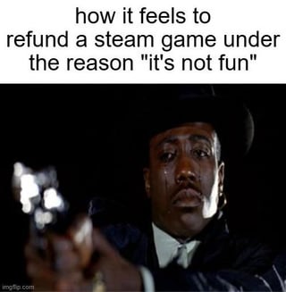 This is a single panel reaction meme. The top of the meme displays text reading 'how it feels to refund a steam game under the reason "it's not fun"'. Below the text is a still of the character Stephen (played by Samuel L. Jackson) from the film Django Unchained, crying with a solemn, guilty expression. The joke plays on the common breakup line 'it's not you, it's me' (the original title of the meme), framing the act of refunding an unenjoyable Steam game as an awkward, guilt-inducing breakup where you do not want to offend the game or its developers.