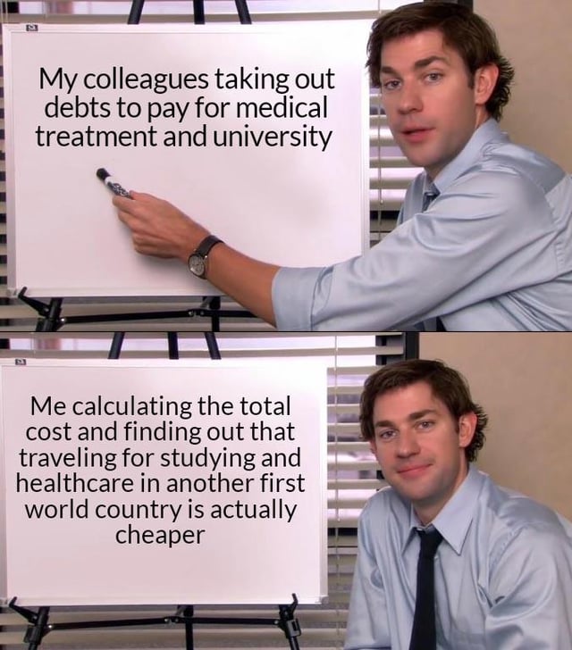 This is a two-panel meme using the popular Jim Halpert (from the US TV series *The Office*) whiteboard explanation format. The top panel shows Jim pointing at a whiteboard with text that states his colleagues are taking on large debts to afford medical treatment and university tuition. The bottom panel shows Jim looking at the viewer with a knowing, slightly smug smirk, with whiteboard text explaining that after calculating total costs, he discovered traveling to another first-world country to access higher education and healthcare is actually cheaper than paying for them domestically. The joke critiques the prohibitively high cost of essential services like healthcare and higher education in countries such as the United States, where these costs have become so extreme that international travel to obtain the same services is a more financially viable option.