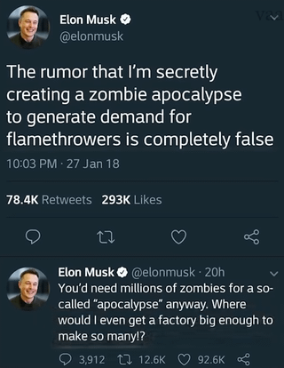 A screenshot of two consecutive tweets from Elon Musk (@elonmusk) posted on January 27, 2018. The first tweet humorously denies a rumor: 'The rumor that I'm secretly creating a zombie apocalypse to generate demand for flamethrowers is completely false' with 78.4K retweets and 293K likes. The second tweet, posted 20 hours later, adds: 'You'd need millions of zombies for a so-called "apocalypse" anyway. Where would I even get a factory big enough to make so many?' with 3.91K retweets and 92.6K likes. The image captures Elon's sarcastic tone and playful engagement with an absurd rumor.