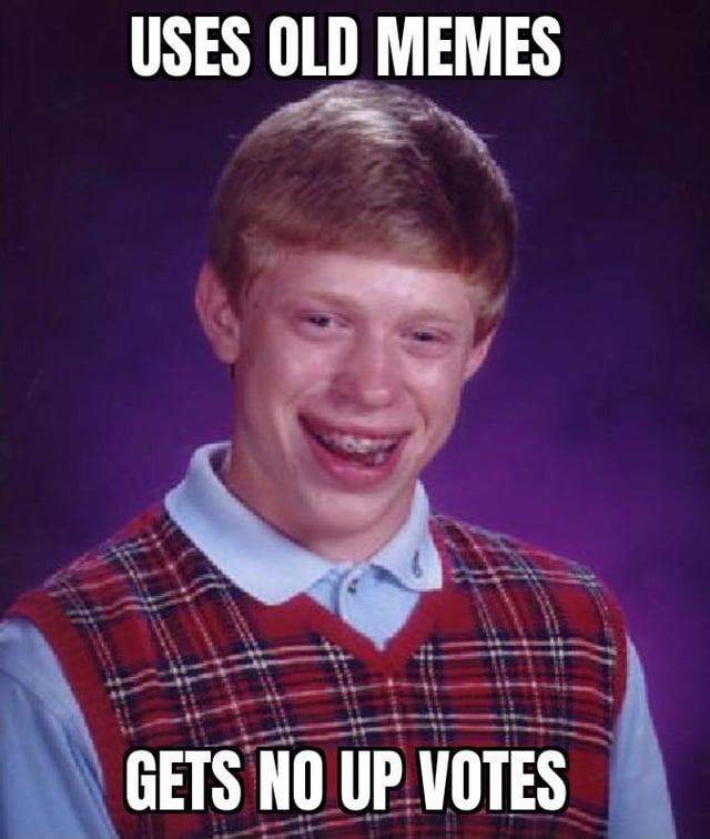 A meme featuring a person with an awkward, embarrassed smile (showing braces), wearing a red plaid vest over a light blue collared shirt, set against a solid purple background. The top text reads 'USES OLD MEMES' and the bottom text reads 'GETS NO UP VOTES', following the classic 'Bad Luck Brian' meme format where the character experiences comically unfortunate situations.