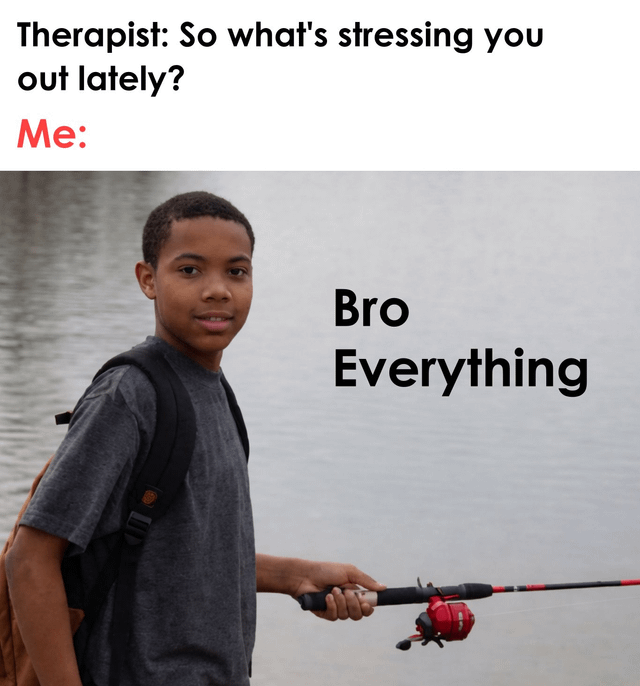 A meme with a two-section layout. The top section contains text in black and red font: 'Therapist: So what's stressing you out lately? Me:'. The bottom section is a photograph of a person standing beside a calm body of water, wearing a gray t-shirt and a backpack, and holding a red and black fishing rod. Overlaid on the photograph is the bold black text 'Bro Everything', humorously conveying that all aspects of life are stressful in a relatable, casual manner.