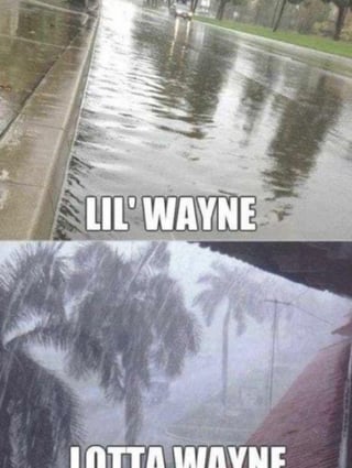 A two-panel meme featuring a weather-related pun on the name of rapper Lil Wayne. The top panel shows a flooded street with standing water, overlaid with the text 'LIL' WAYNE' (a play on 'little Wayne'). The bottom panel depicts a scene of heavy rain with palm trees bending in the wind, overlaid with the text 'LOTTA WAYNE' (a play on 'lot of Wayne'). The humor derives from the phonetic similarity between 'little'/'lil' and 'lot of'/'lotta' and the rapper's stage name, connecting weather conditions (flooding and heavy rain) to the pun.