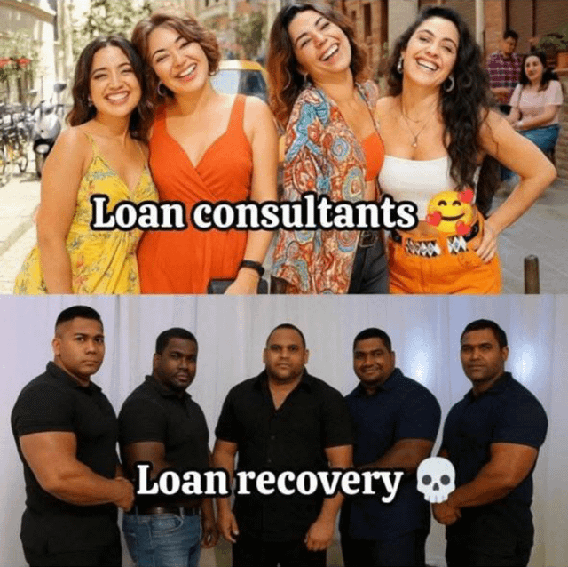 A two-panel comparison meme contrasting the demeanor of loan consultants and loan recovery agents. The top panel features four smiling women standing outdoors in colorful, casual clothing (yellow dress, orange top, patterned blouse, white top with orange pants), with the overlaid text 'Loan consultants 😍' and a heart-eyed emoji, conveying friendliness and approachability. The bottom panel shows five serious-looking men standing in a formal indoor setting, all wearing dark shirts (black and navy), with the overlaid text 'Loan recovery 💀' and a skull emoji, creating an intimidating and stern impression. The meme humorously highlights the stark contrast between the welcoming attitude of those issuing loans and the severe demeanor of those collecting unpaid debts.