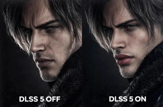 This is a side-by-side comparison meme following the viral DLSS 5 On format. The left side shows the original in-game model of Resident Evil character Leon Kennedy, labeled 'DLSS 5 OFF', retaining realistic skin texture, natural facial features, and the original game's gritty aesthetic. The right side shows an AI-altered version labeled 'DLSS 5 ON' that is over-smoothed, hyper-beautified (yassified), with plumper lips, completely pore-free skin, and altered softer facial structure, creating an uncanny, unrealistic look that deviates heavily from the original character. The meme satirizes the tendency of Nvidia's new DLSS 5 generative AI graphics technology to over-alter original artwork, removing character and introducing unnatural 'AI slop' aesthetics.