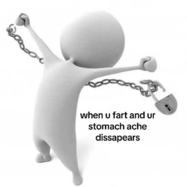 A 3D-rendered white humanoid character with a round head and simple limbs, standing with arms outstretched, breaking a metal chain with a padlock. The character appears triumphant, symbolizing relief. Below the character, there is text that reads 'when u fart and ur stomach ache dissapears' (with a typo 'dissapears'). The background is plain white, keeping focus on the character and text.