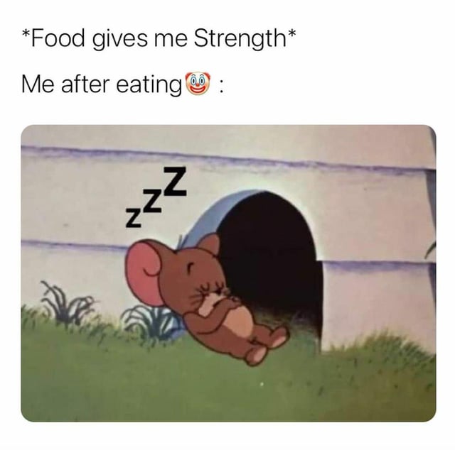 This meme presents a relatable humorous contrast between expectation and reality. The top text first states the common expectation '*Food gives me Strength*', followed by the line 'Me after eating🤡:' with a clown emoji that implies the expectation was foolish and wrong. Below the text is a still of Jerry the mouse from the animated series Tom and Jerry, lying on his back on the grass outside his mouse hole, fast asleep with 'Zzz' symbols floating above him to indicate deep sleep. The joke references the common experience of post-meal drowsiness, or food coma, where eating makes people tired instead of energized as expected.