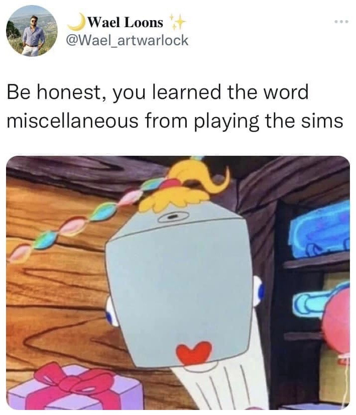 This image is a screenshot of a post from X (formerly Twitter). The post text reads 'Be honest, you learned the word miscellaneous from playing the sims'. Below the text is a reaction image of Pearl Krabs from the animated series SpongeBob SquarePants, facing the viewer directly with a blank, stunned, epiphany-like expression, intended to convey that the viewer is likely relating to the statement and just realizing the claim is true for them.