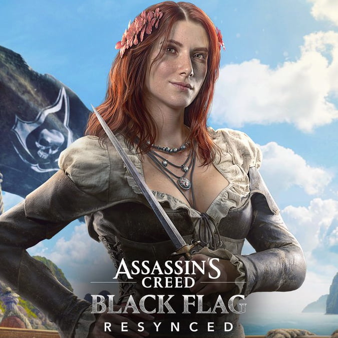 This is a satirical meme mocking Ubisoft's character design choices following reported financial struggles. The image shows an edited promotional graphic for a fake remaster of Assassin's Creed 4: Black Flag labeled 'Resynced', featuring a redesigned version of the character Anne Bonny with plainer, less conventionally glamorous features, a small flower crown in her hair, and holding a dagger against a pirate-themed coastal background with an Assassin's Creed pirate flag visible in the distance. The joke implies that Ubisoft intentionally downgraded the visual appeal of their female character designs as a cost-cutting or controversy-avoiding move after suffering a stock market crash.
