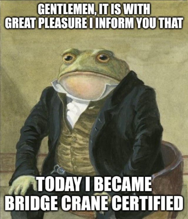 The meme features an anthropomorphic frog dressed in 19th-century formal clothing (black coat, tan vest, white cravat) sitting in a wooden chair against a plain, vintage-style background. The frog has a composed, proud expression with large, forward-facing eyes. Overlaid text at the top and bottom reads: 'GENTLEMEN, IT IS WITH GREAT PLEASURE I INFORM YOU THAT TODAY I BECAME BRIDGE CRANE CERTIFIED'. The humor arises from the absurd contrast between the frog's sophisticated, formal appearance and the mundane, specific achievement of being bridge crane certified, creating a whimsical and relatable joke about workplace milestones.