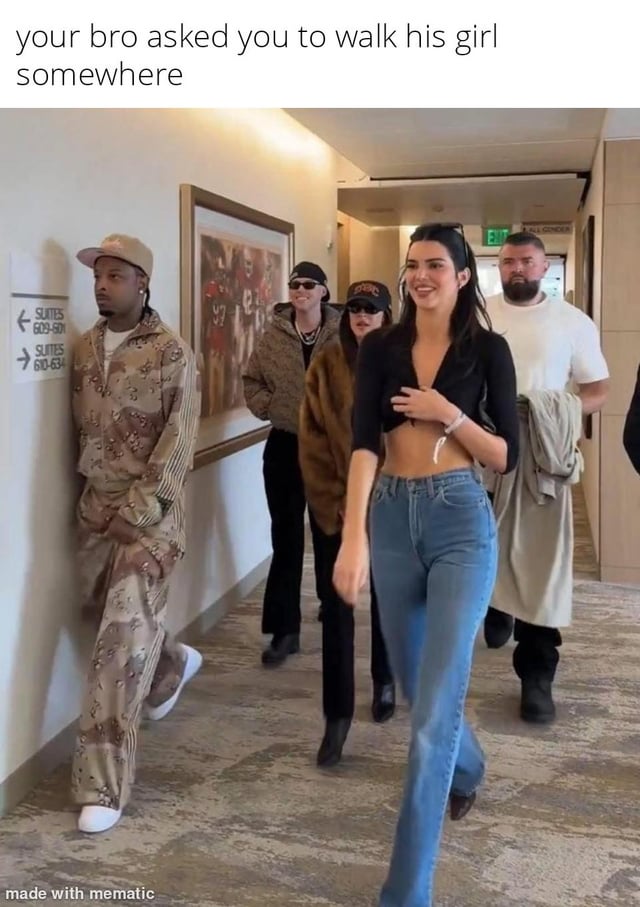 A meme featuring a real photograph of a group walking in a hotel hallway. The image shows a person on the left leaning casually against the wall, trailing behind a woman in a black crop top and blue jeans who walks confidently in the center. Several other individuals are visible in the background. The top text reads 'your bro asked you to walk his girl somewhere,' humorously implying the person on the left is the 'bro' maintaining respectful distance while accompanying his friend's girlfriend. The bottom of the image has a 'made with mematic' watermark indicating the meme was created using the Mematic app.