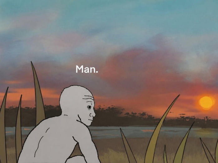 This meme features the simple drawn generic Wojak character sitting in tall grass, looking out over a body of water at a warm orange and purple sunset. The word "Man." is overlaid on the sky, conveying a quiet, weary yet relieved introspective feeling. It is paired with a caption celebrating finally securing employment after a difficult period of job searching, mixing genuine gratitude with lighthearted sarcasm directed at people who did not support the user, alongside the humorous acknowledgment that they now have to report to work the next day.