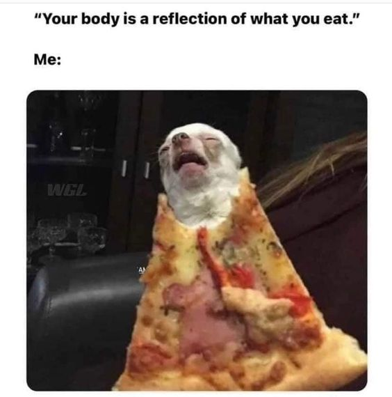 This is a humorous meme that plays on the common saying about diet and physical appearance. The top text states the widespread adage: "Your body is a reflection of what you eat." followed by the label "Me:". Below that is an edited photograph of a happy, content-looking chihuahua with its head sticking out of a large slice of meat and cheese pizza, visually implying that if the saying were true, the viewer would be pizza because they eat so much of it. The joke relies on the literal, absurd interpretation of the common diet advice phrase.