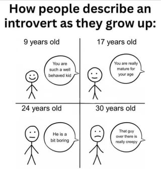 A 2x2 grid meme depicting the changing societal perceptions of introverts across different ages. Each quadrant features a stick figure with a speech bubble: 9 years old labeled 'You are such a well behaved kid', 17 years old with 'You are really mature for your age', 24 years old stating 'He is a bit boring', and 30 years old saying 'That guy over there is really creepy'. The meme humorously illustrates how introverted behavior is praised in childhood, framed as maturity in adolescence, and then criticized as 'boring' or 'creepy' in adulthood.