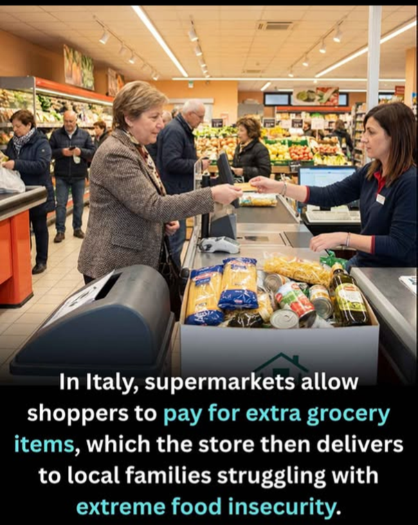 The image shows a scene at a supermarket checkout counter in Italy. An older female shopper is handing payment to a female cashier, with a box full of non-perishable grocery items including pasta, canned goods, and olive oil placed on the counter between them. Other shoppers and supermarket produce aisles are visible in the background. Overlaid text at the bottom of the image explains a local community support initiative: Italian supermarkets allow shoppers to pay for extra grocery items, which the store then delivers to local families struggling with extreme food insecurity.
