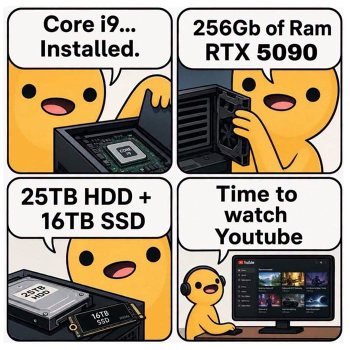 This is a 4-panel relatable tech meme featuring a simple yellow cartoon character. In the first panel, the character is excited to install a high-end Core i9 CPU into their PC case. The second panel shows them adding top-tier components: 256GB of RAM and an RTX 5090 graphics card. The third panel shows them adding massive amounts of storage: a 25TB HDD plus a 16TB SSD. The final panel reveals the punchline: after building this extremely powerful, high-cost custom PC, the character only uses it to watch YouTube, a task that requires barely any of the hardware's capabilities. The joke centers on the common relatable experience of PC enthusiasts splurging on overkill top-tier specs only to use their machines for trivial, low-demand activities most of the time.