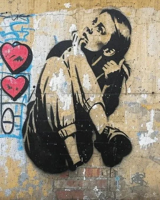 This is a gritty urban stencil graffiti piece painted on a weathered, chipped concrete wall. The central focus is a monochrome stencil of a young girl in a crouched position, her head tilted upward with a distressed, contemplative expression, one hand resting on her neck. To her left, two bold red heart shapes with dark outlines feature smudged, dark inner details that resemble blood or wounds, creating a visual metaphor for heartbreak, emotional pain, or wounded love. The underlying wall shows faded blue graffiti and signs of wear, enhancing the raw, urban atmosphere. A small artist tag 'C215' is visible in the bottom right corner, identifying the creator. The artwork uses contrast between the stark black stencil, vibrant red hearts, and aged wall to convey a somber, vulnerable tone, exploring themes of love, loss, and emotional struggle in an urban context.