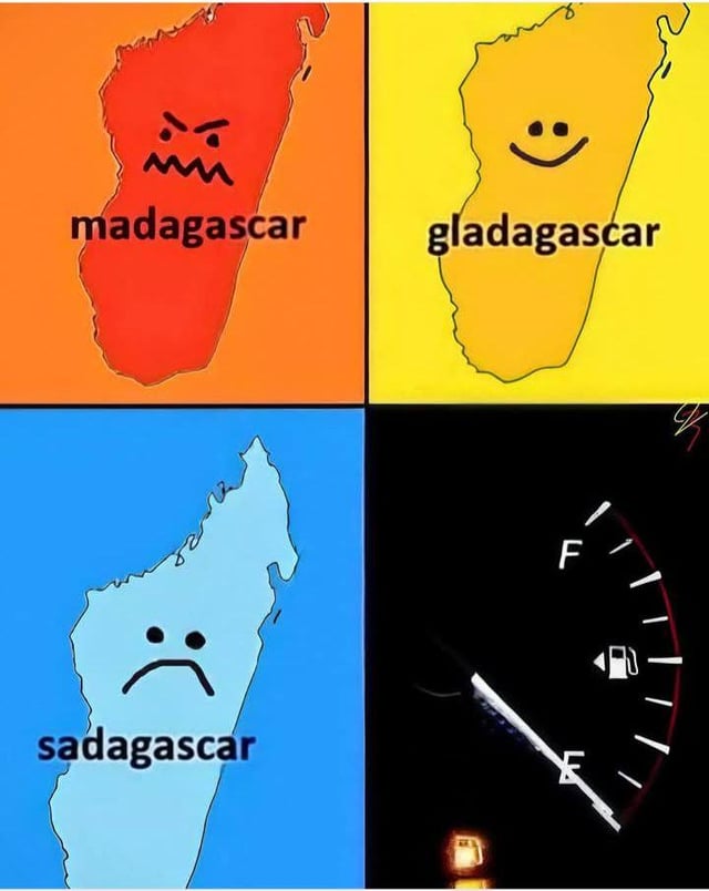 A 2x2 grid meme featuring anthropomorphized Madagascar island shapes with emotion-based wordplay. Top-left: Red Madagascar with an angry face labeled 'madagascar' (combining 'mad' and 'Madagascar'). Top-right: Yellow Madagascar with a smiling face labeled 'gladagascar' (combining 'glad' and 'Madagascar'). Bottom-left: Light blue Madagascar with a sad face labeled 'sadagascar' (combining 'sad' and 'Madagascar'). Bottom-right: Black background with a fuel gauge pointing to 'E' (empty), visually resembling the Madagascar shape, continuing the wordplay theme with 'E' as a prefix. The humor stems from anthropomorphism and puns on the island's name.
