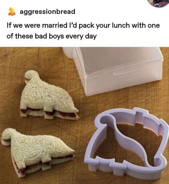 This is a screenshot of a social media post from user "aggressionbread". The post includes an affectionate, playful caption: "If we were married I’d pack your lunch with one of these bad boys every day", paired with an image of two triangular sandwiches cut into the shape of a long-necked dinosaur (brontosaurus-style) using a plastic cookie/sandwich cutter mold. The sandwiches sit on a wooden surface, alongside the clear plastic mold and a white plastic lunch container. The humor comes from the ironic use of "bad boys" to refer to the silly, cute dinosaur-shaped sandwiches, framing this goofy domestic gesture as a loving, committed act of care for a partner. The tone is lighthearted, wholesome, and affectionate.