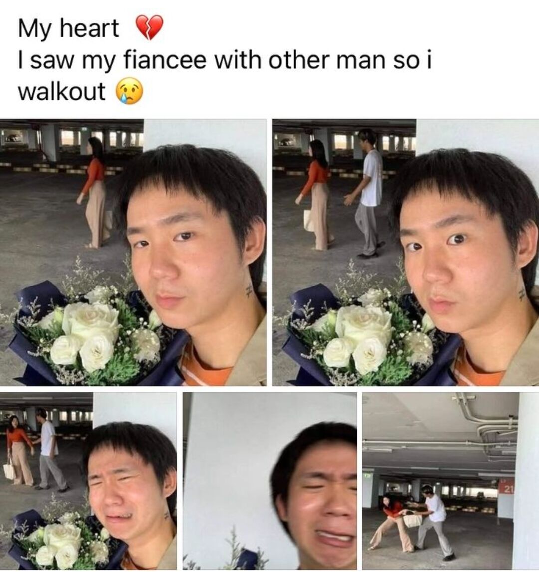 This is a 5-panel humorous meme. The opening text reads 'My heart 💔 I saw my fiancee with other man so i walkout 🥺'. The first three panels show a young man holding a bouquet of white roses hiding behind a parking garage pillar, reacting to what he thinks is his fiancee being affectionate with another man: first he looks sad, then shocked, then breaks down crying. The final panel reveals the joke: the woman and man are not being romantic at all, they are physically fighting and pulling on opposite sides of the woman's handbag, so the man's assumption of cheating was completely wrong, caused by him jumping to conclusions from a partial view of the scene.