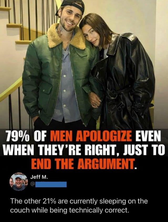 This relatable relationship joke meme features a photo of celebrity couple Justin Bieber and Hailey Bieber at the top, with overlaid text discussing common dynamics in romantic couple arguments. The opening text claims 79% of men apologize even when they are factually right, just to end an argument quickly. The punchline adds that the remaining 21% of men are currently sleeping on the couch, despite still being technically in the right. The meme jokes about how men typically navigate disagreements with their partners.