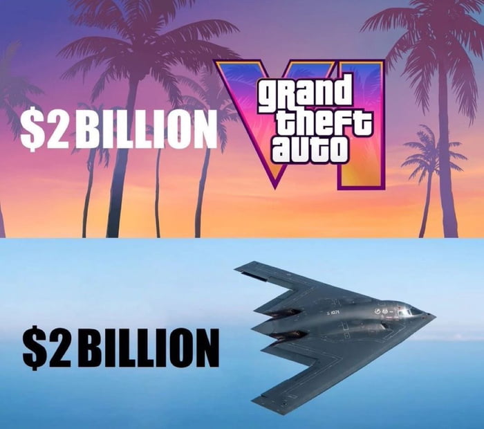 The image is a two-section collage. The top section features the Grand Theft Auto V (GTA V) logo set against a vibrant sunset backdrop with silhouetted palm trees, accompanied by large white text reading '$2 BILLION'. The bottom section shows a stealth bomber aircraft flying over a clear blue sky, with the same '$2 BILLION' text in bold black font. The meme visually compares the reported value/cost of GTA V to that of a stealth bomber, highlighting both being associated with the $2 billion figure.