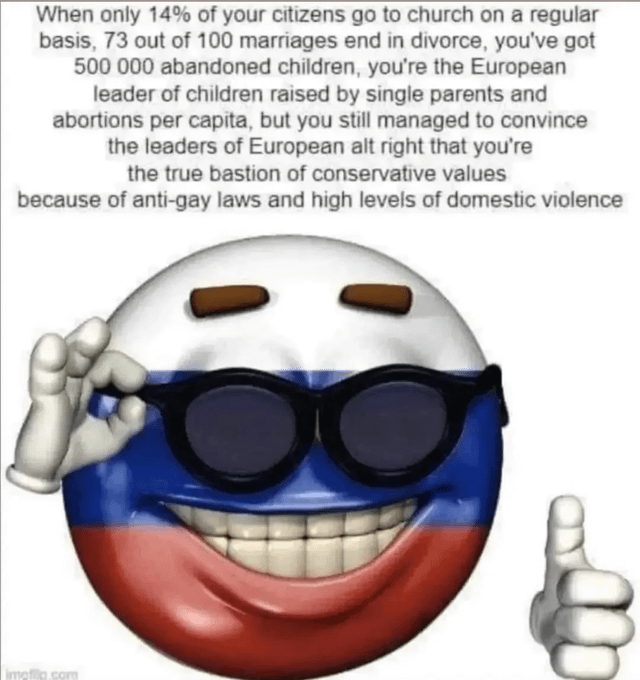 The meme consists of a top text block and a visual of a Russian flag-themed emoji-style countryball below. The countryball uses the white, blue, and red Russian tricolor design, wears black sunglasses, has a wide smug grin, adjusts its sunglasses with one gloved hand, and gives a thumbs up with the other. The top text lists a series of Russian social statistics that conflict with standard conservative 'traditional values' talking points: only 14% of citizens attend church regularly, 73% of marriages end in divorce, there are 500,000 abandoned children, and Russia leads Europe in single-parent households and per capita abortion rates. The punchline notes that despite these statistics, European far-right leaders still frame Russia as a bastion of conservative values, only citing its anti-gay laws and high domestic violence rates as proof. The joke highlights the hypocrisy of this framing, pointing out that the 'conservative values' lauded here only amount to regressive policies targeting LGBTQ+ people and tolerance of violence, rather than support for stable families or religious participation.