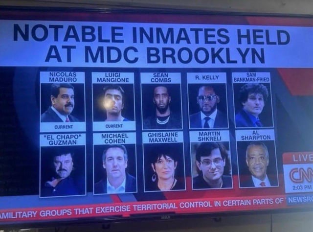 A satirical meme mimicking a CNN news broadcast screen titled 'NOTABLE INMATES HELD AT MDC BROOKLYN'. The image features a grid of 10 photos of notable figures, including politicians, celebrities, and convicted individuals: Nicolas Maduro, Luigi Mangione, Sean Combs, R. Kelly, Sam Bankman-Fried, 'El Chapo' Guzman, Michael Cohen, Ghislaine Maxwell, Martin Shkreli, and Al Sharpton. The title 'arkham asylum lite' references DC Comics' Arkham Asylum (a facility for supervillains), humorously comparing MDC Brooklyn to a 'lite' version by implying these inmates are infamous or controversial figures. The layout includes a 'LIVE' label, '2:33 PM' timestamp, and CNN logo, enhancing the parody of a real news broadcast.