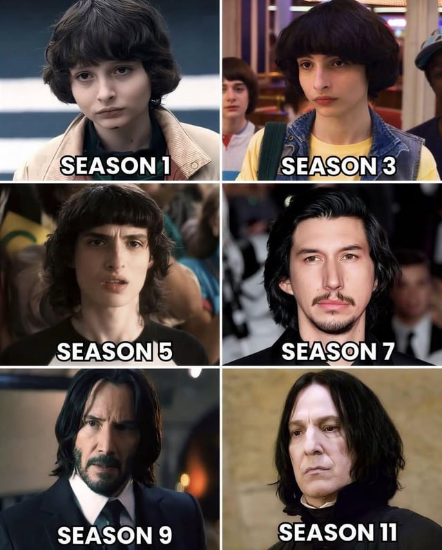 A 3x2 grid collage meme featuring six panels, each labeled with sequential season numbers (SEASON 1 to SEASON 11). Each panel displays a character with progressively aging appearance: SEASON 1 shows a young individual with short dark hair and neutral expression; SEASON 3 shows a slightly older person with similar hair; SEASON 5 features a character with longer hair and a concerned look; SEASON 7 depicts a person with long dark hair and a beard; SEASON 9 shows an individual with a beard and serious expression; SEASON 11 concludes with a character resembling Severus Snape from *Harry Potter* (long black hair, pale complexion, stern expression). The meme humorously exaggerates character aging over fictional seasons.