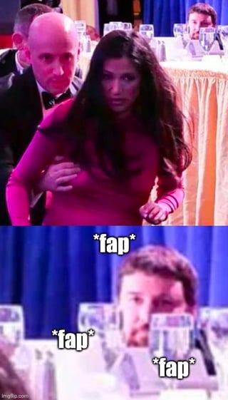 This is a two-panel crude humor meme. The first panel shows a formal banquet event scene: a bald man in a tuxedo is grabbing/escorting a woman wearing a tight pink dress who looks visibly upset, with tables of seated attendees visible behind them. The second panel zooms in on a man sitting at a table in the background of the first panel, with multiple instances of the onomatopoeia text *fap* placed around him. The joke frames this background man as secretly masturbating unnoticed while the commotion with the woman unfolds in the foreground, so people focused on the disturbance do not realize what he is doing.