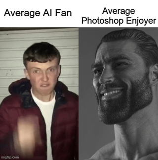 A two-panel comparison meme contrasting 'Average AI Fan' and 'Average Photoshop Enjoyer'. The left panel features a casually dressed individual in a red jacket standing in front of a garage door, appearing neutral. The right panel shows a muscular, confident shirtless person in a black-and-white filter, exuding a more impressive or skilled demeanor. The humor lies in satirically portraying AI fans as less imposing compared to dedicated Photoshop users, commenting on the shift from traditional photo editing to AI tools.
