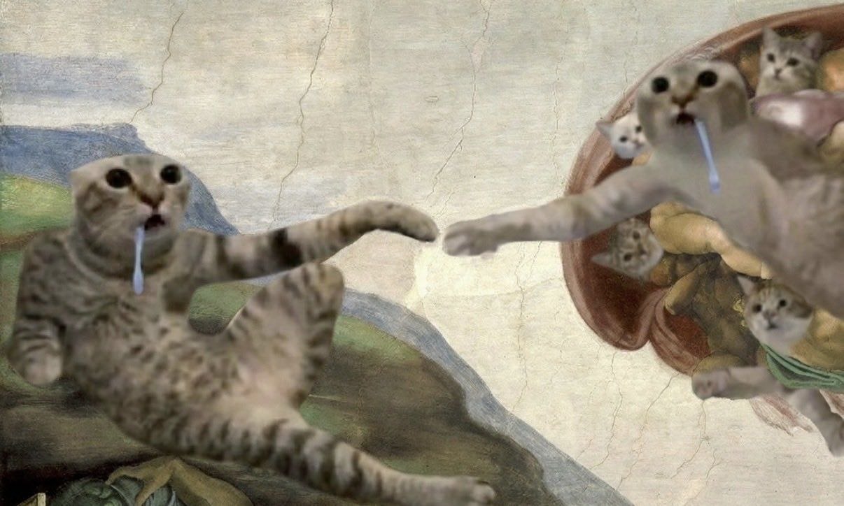 This is an edited humorous meme that parodies Michelangelo's iconic Renaissance fresco *The Creation of Adam*. The figures of Adam and God in the original artwork are replaced with the viral "coughing cat" meme: a tabby cat with wide eyes, an open mouth, and a strand of clear drool hanging from its mouth. The two main cats are posed to match the original painting's famous composition, with their outstretched paws almost touching, mirroring the original hand-touching scene. Smaller cat heads matching the same coughing cat meme replace the other figures that surround God on the right side of the artwork, set against the original cracked, aged fresco background of the painting. The joke comes from the absurd juxtaposition of the serious, historically significant classical artwork with the silly, widely recognized viral cat meme.